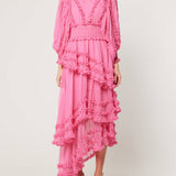 Stand Collar Tierred Ruffles Lantern Sleeve Midi Dress