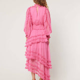 Stand Collar Tierred Ruffles Lantern Sleeve Midi Dress