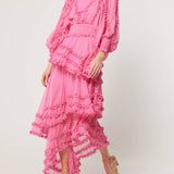 Stand Collar Tierred Ruffles Lantern Sleeve Midi Dress