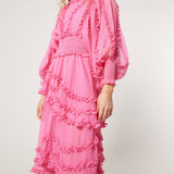 Stand Collar Tierred Ruffles Lantern Sleeve Midi Dress