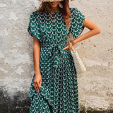 Floral Midi Dress Stretch Sash Jewel Neck Short Sleeves Bohemian