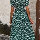 Floral Midi Dress Stretch Sash Jewel Neck Short Sleeves Bohemian