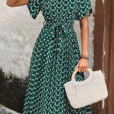 Floral Midi Dress Stretch Sash Jewel Neck Short Sleeves Bohemian