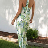 Floral Print Halter Backless Flowy Vacation Maxi Dresses