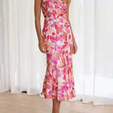 Pink Floral One Shoulder Ruched Satin Dress