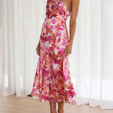 Pink Floral One Shoulder Ruched Satin Dress
