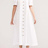 V Neck Linen Button-Down Midi Dress with Pocket In White