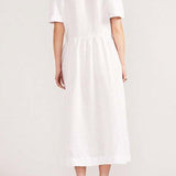 V Neck Linen Button-Down Midi Dress with Pocket In White