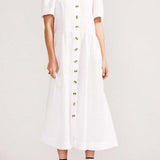 V Neck Linen Button-Down Midi Dress with Pocket In White