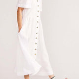 V Neck Linen Button-Down Midi Dress with Pocket In White