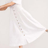 V Neck Linen Button-Down Midi Dress with Pocket In White