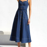 Denim Suspender Casual Button Midi Dress