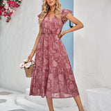 Rebecca V-Neck A-Line Dress:   Floral Flutter Sleeve Surplice Midi