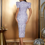 Puff Sleeve Side Slit Fitted Dress
