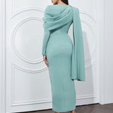 Asymmetric Long Sleeve Belted Dress