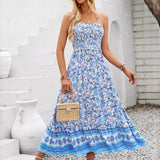 Floral Print Smocked Chest Halter Neck Maxi Dress