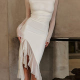 Sheer Ruffle Slit Gown