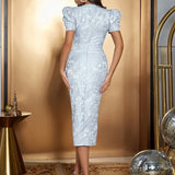 Puff Sleeve Side Slit Fitted Dress