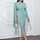 Asymmetric Long Sleeve Belted Dress