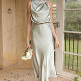 Curve Satin Ruched Halter Neck Maxi Dress In Orchid