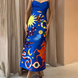 Summer Sexy Satin Backless Printed Sleeveless Midi Dress