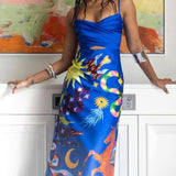 Summer Sexy Satin Backless Printed Sleeveless Midi Dress