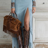Western Half-Zip Embroidered Faux Suede Fringe Maxi Dress