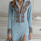 Western Half-Zip Embroidered Faux Suede Fringe Maxi Dress