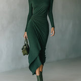 Dark Green Turtleneck Pleated Irregular Wrap Midi Dress