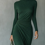 Dark Green Turtleneck Pleated Irregular Wrap Midi Dress