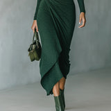 Dark Green Turtleneck Pleated Irregular Wrap Midi Dress