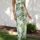 Floral Print Halter Backless Flowy Vacation Maxi Dresses