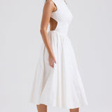 Stylish And Elegant Solid Color Round Neck Backless Sleeveless Midi Dress