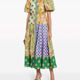 Exquisite Retro Floral Print Puff Sleeve Midi Dress
