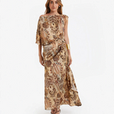 Asymmetric Sleeve Print Midi Dress