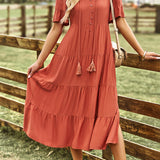 Women's Orange Short Sleeve V-Neck Ruffled Dress