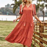 Women's Orange Short Sleeve V-Neck Ruffled Dress