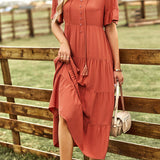 Women's Orange Short Sleeve V-Neck Ruffled Dress