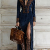 Western Half-Zip Embroidered Faux Suede Fringe Maxi Dress