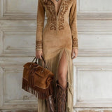 Western Half-Zip Embroidered Faux Suede Fringe Maxi Dress