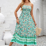 Floral Print Smocked Chest Halter Neck Maxi Dress