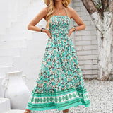 Floral Print Smocked Chest Halter Neck Maxi Dress
