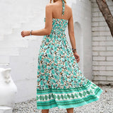 Floral Print Smocked Chest Halter Neck Maxi Dress