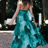 Calista Green Bloom Strapless Tiered Maxi Dress