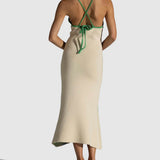 Knitted Suspender Halterneck V-Neck Backless Sexy Midi Dress