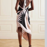 Open Back Abstract Print Midi Dress
