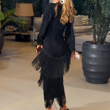 Deep V - Neck Fringe Midi Dress