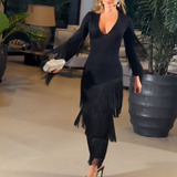 Deep V - Neck Fringe Midi Dress