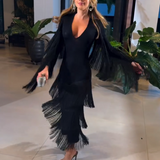 Deep V - Neck Fringe Midi Dress