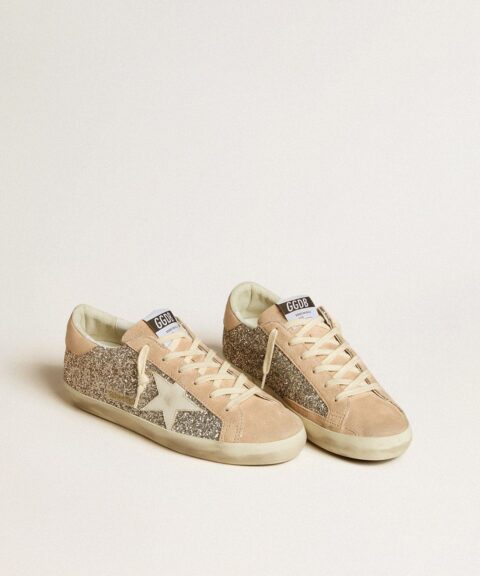 Women's Super-Star in silver glitter with leather star and heel tab